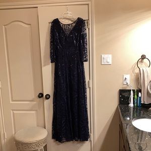 Tahari Navy Blue Sheer Lace Sequin Overlay Evening Gown
